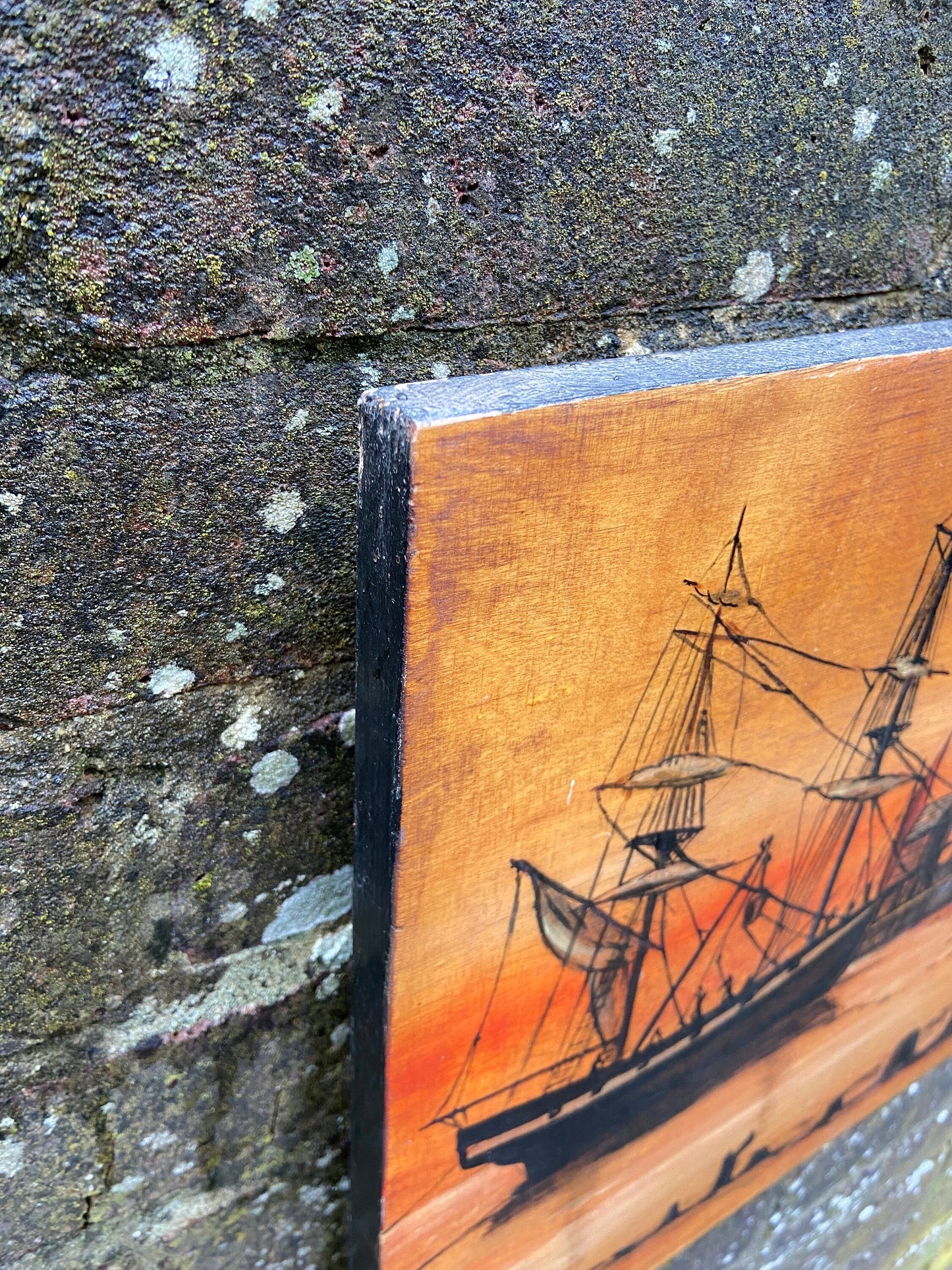 Vintage Brighton 1820 Acrylic Painting burntwood on Blockwood - mixed media with pyrography (?) and acrylic paint