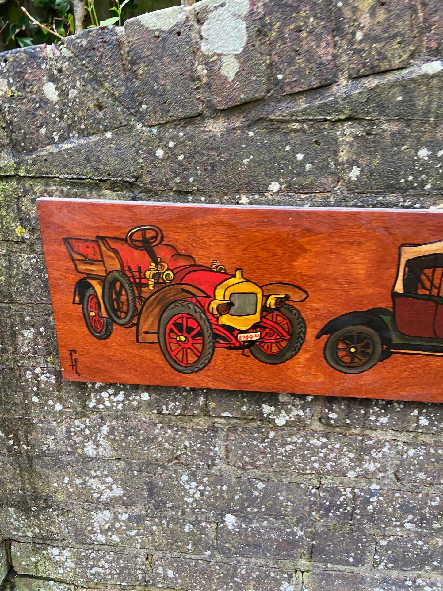 Vintage Cars on Blockwood Acrylic Painting - mixed media with pyrography (?) and acrylic paint, circa 1970s - long horizontal painting
