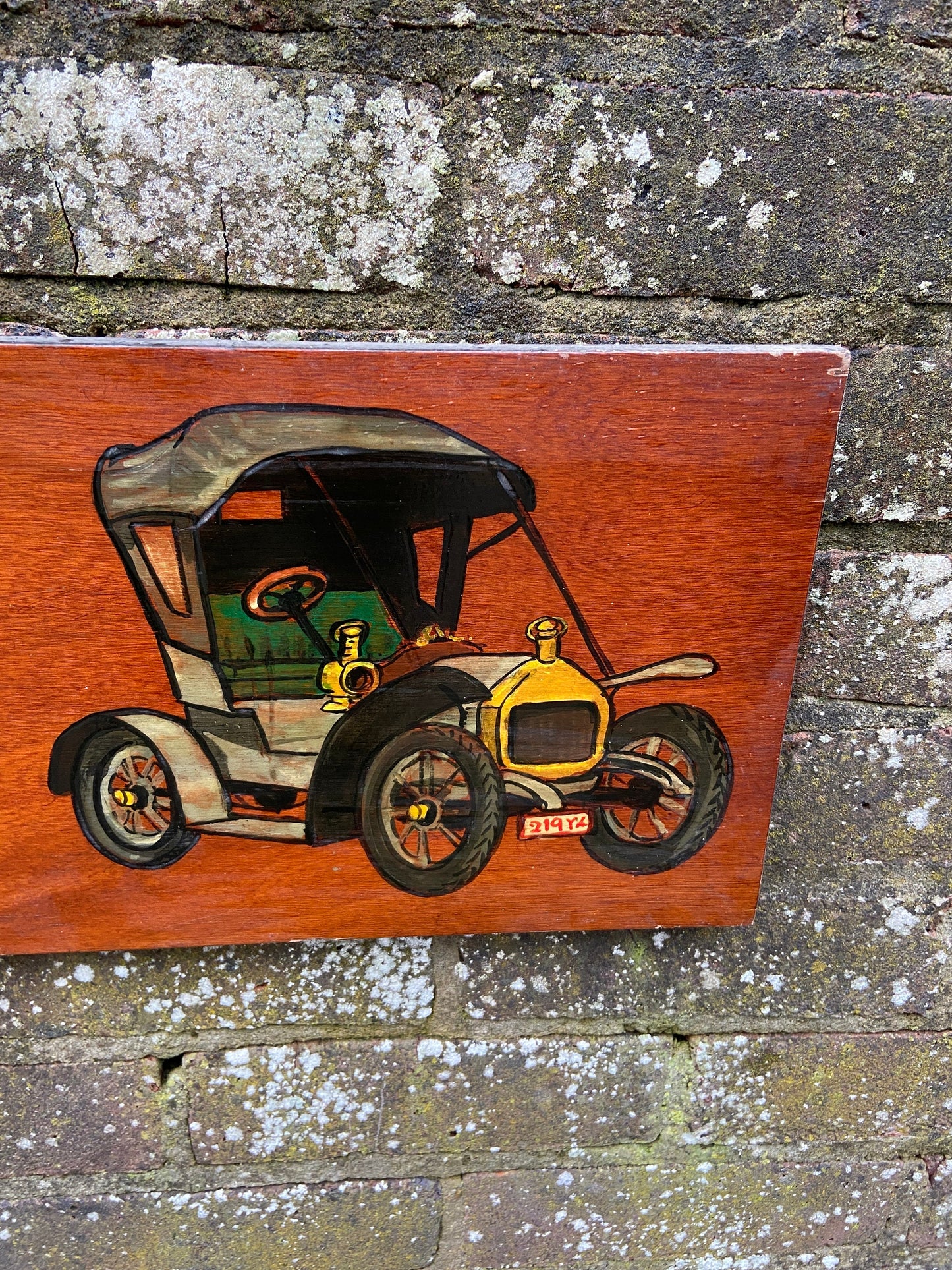 Vintage Cars on Blockwood Acrylic Painting - mixed media with pyrography (?) and acrylic paint, circa 1970s - long horizontal painting