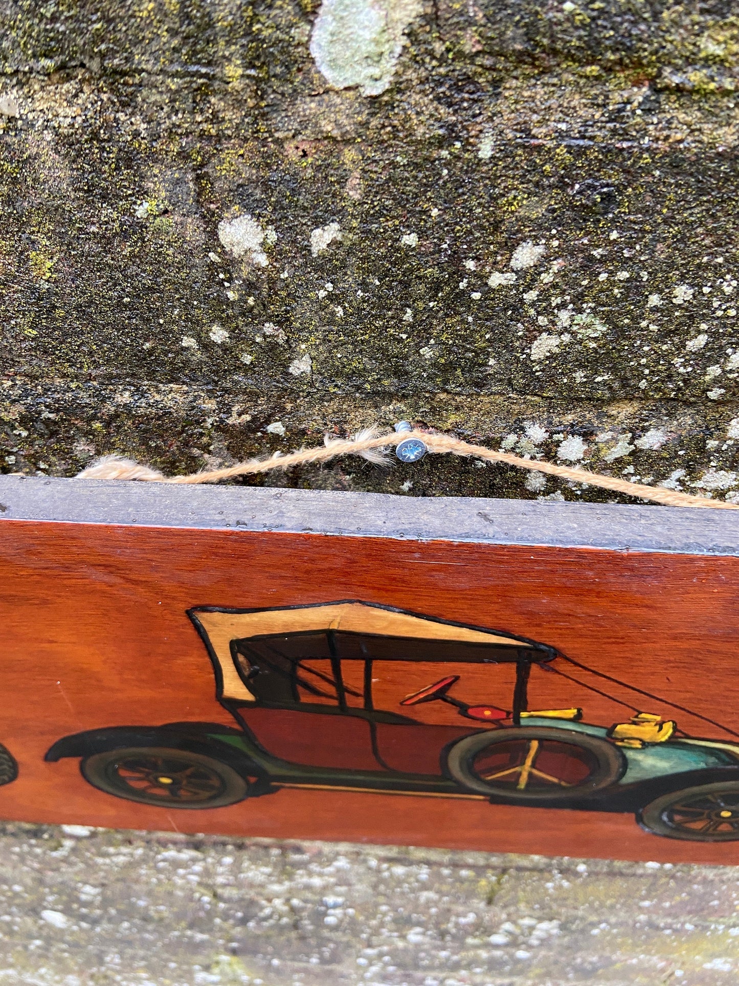 Vintage Cars on Blockwood Acrylic Painting - mixed media with pyrography (?) and acrylic paint, circa 1970s - long horizontal painting