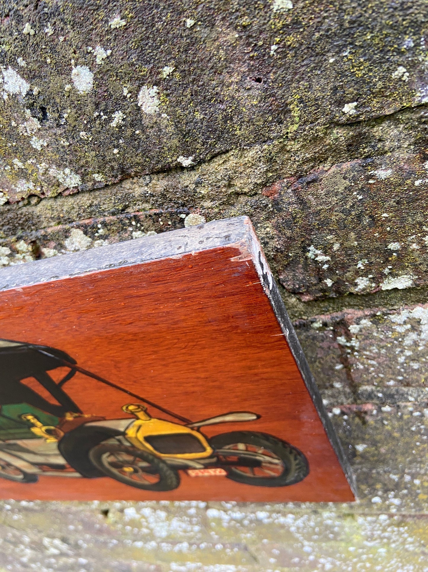 Vintage Cars on Blockwood Acrylic Painting - mixed media with pyrography (?) and acrylic paint, circa 1970s - long horizontal painting