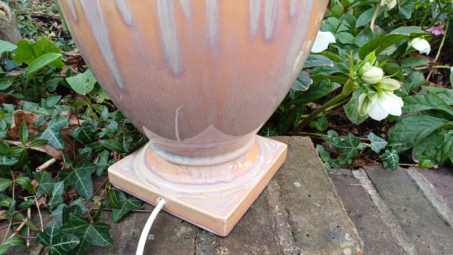 Huge Heavy Ceramic Lamp Glazed Pottery Lustre Finish and Glaze. Pleated Silk Effect Lampshade.