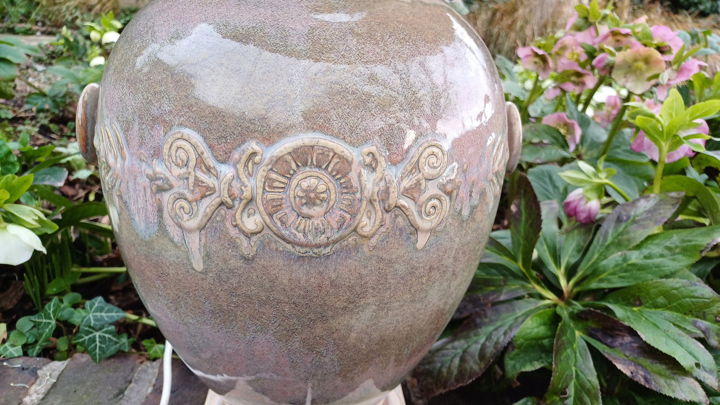 Huge Heavy Ceramic Lamp Glazed Pottery Lustre Finish and Glaze. Pleated Silk Effect Lampshade.