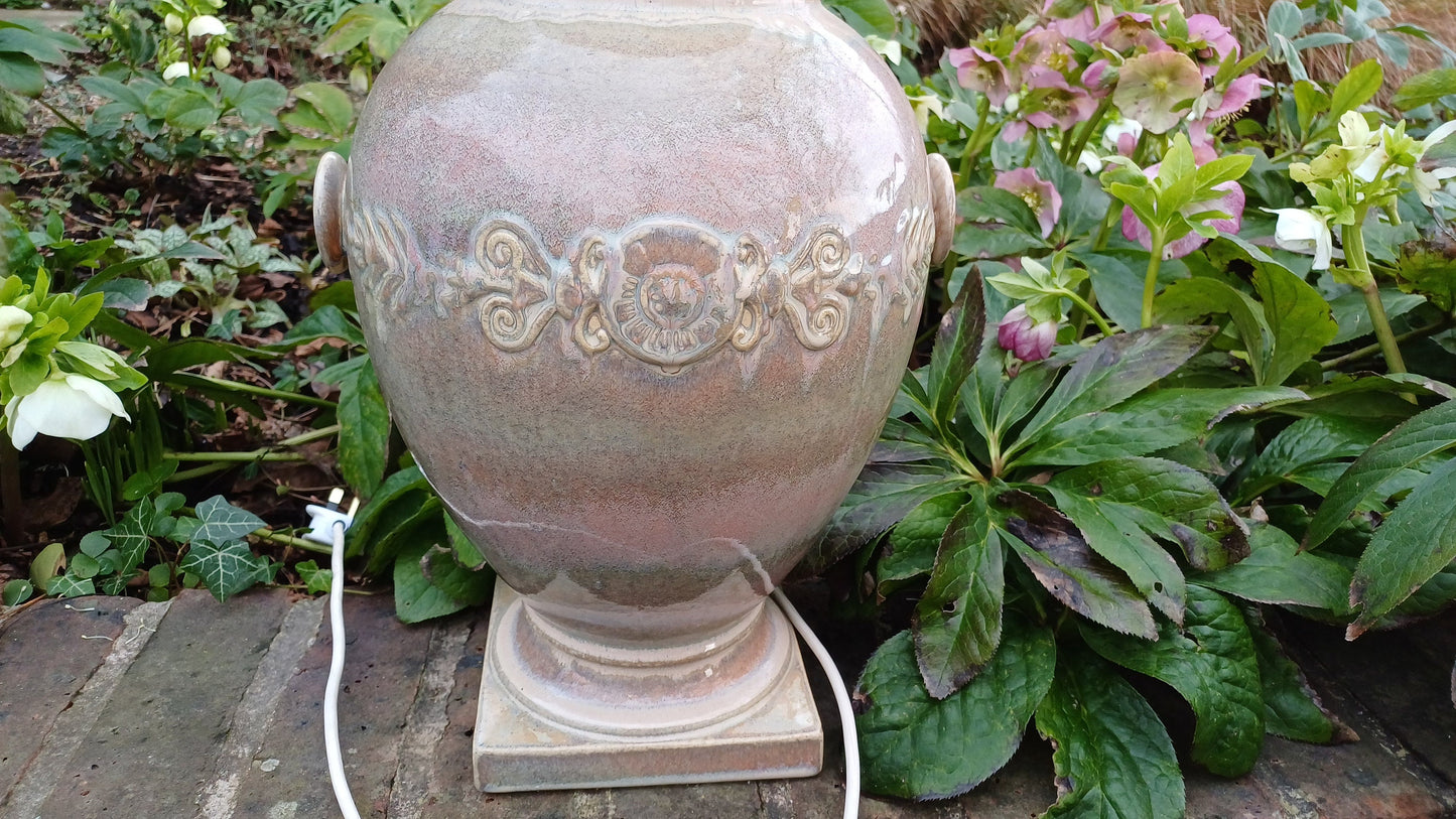 Huge Heavy Ceramic Lamp Glazed Pottery Lustre Finish and Glaze. Pleated Silk Effect Lampshade.