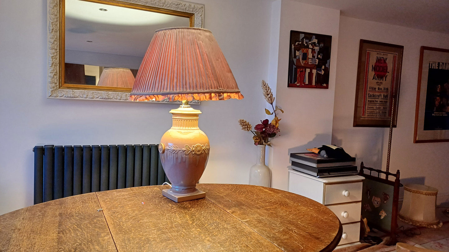 Huge Heavy Ceramic Lamp Glazed Pottery Lustre Finish and Glaze. Pleated Silk Effect Lampshade.