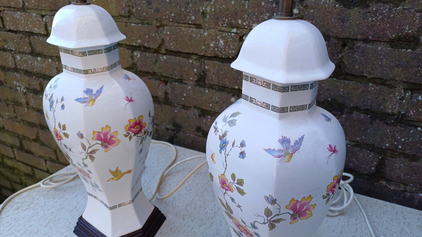 Huge Pair of White Ceramic Oriental Indian Tree Style Table Lamps Bird and Flowers. Working.