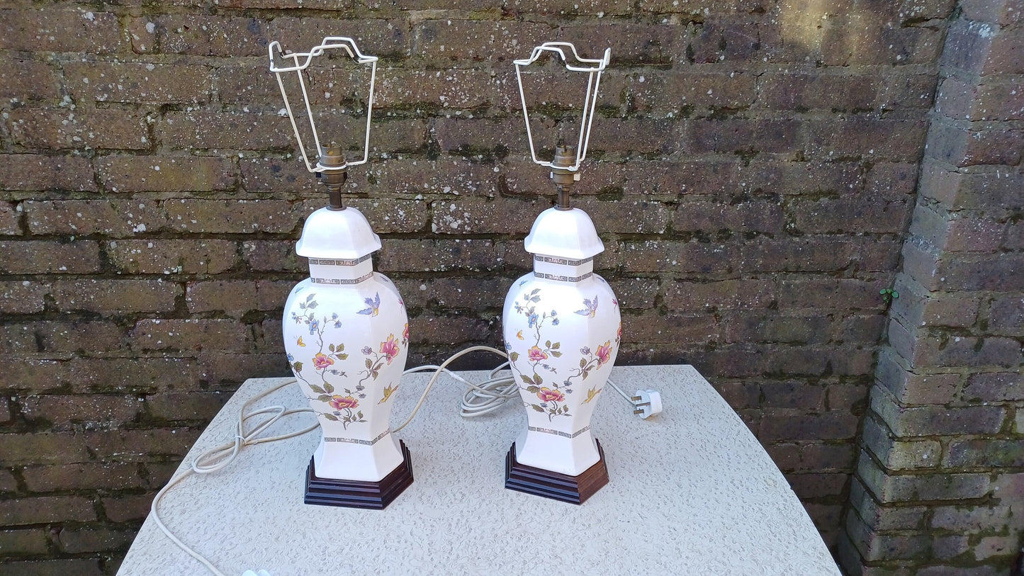 Huge Pair of White Ceramic Oriental Indian Tree Style Table Lamps Bird and Flowers. Working.