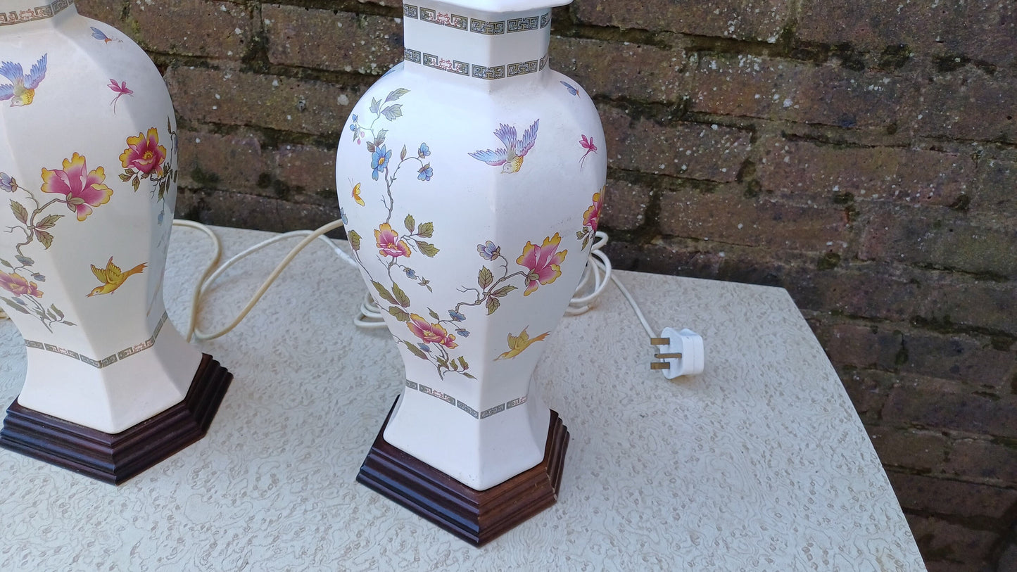 Huge Pair of White Ceramic Oriental Indian Tree Style Table Lamps Bird and Flowers. Working.