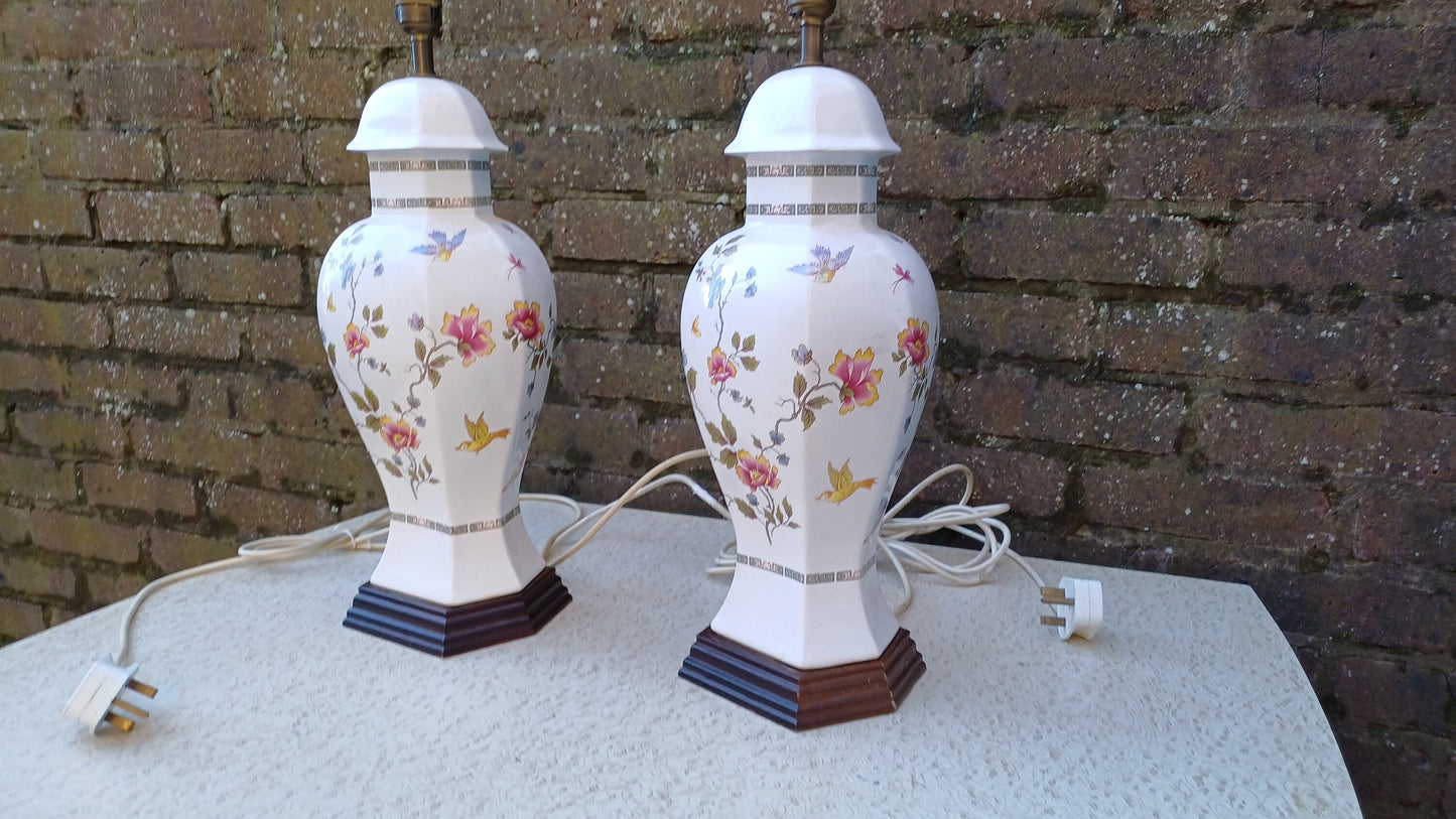 Huge Pair of White Ceramic Oriental Indian Tree Style Table Lamps Bird and Flowers. Working.