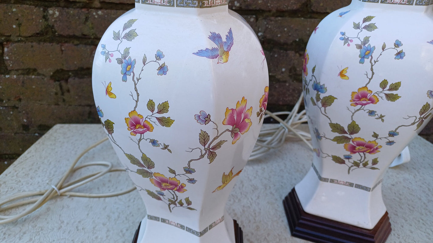 Huge Pair of White Ceramic Oriental Indian Tree Style Table Lamps Bird and Flowers. Working.