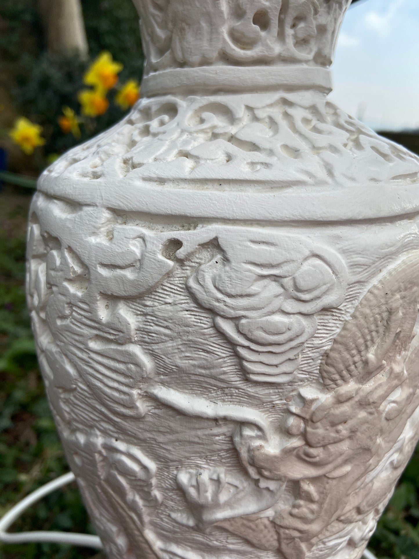 Large vintage Oriental Dragon style handcrafted and handpainted plastercast lamp - dragon detail, cream and beige