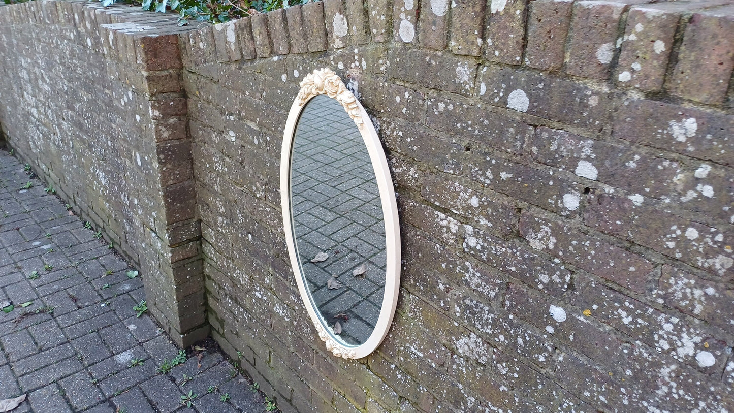 Vintage 80s Oval Painted Mirror Floral Flower Decoration Motif.