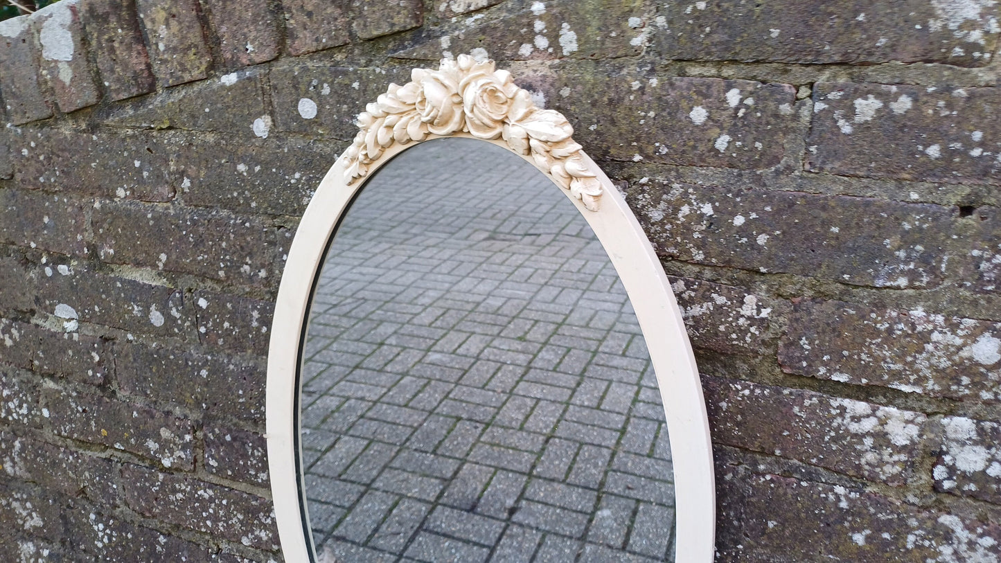 Vintage 80s Oval Painted Mirror Floral Flower Decoration Motif.