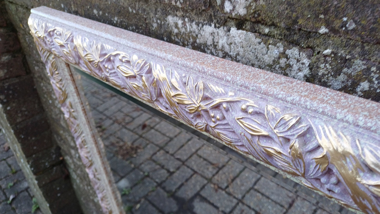 Quirky Leaves and Berries Huge Quality Vintage 90s Painted Mirror Pink Mottled Hues and Gold. Bevelled Glass.