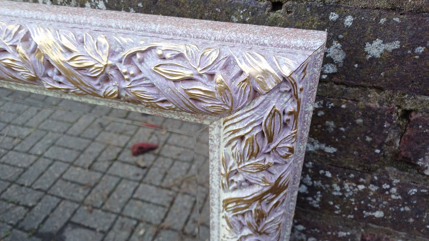 Quirky Leaves and Berries Huge Quality Vintage 90s Painted Mirror Pink Mottled Hues and Gold. Bevelled Glass.