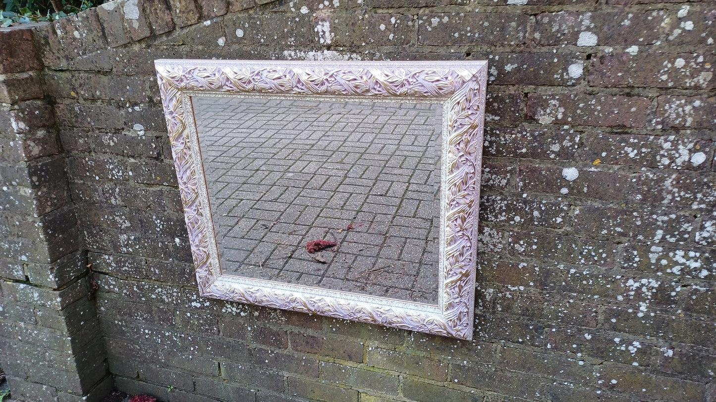 Quirky Leaves and Berries Huge Quality Vintage 90s Painted Mirror Pink Mottled Hues and Gold. Bevelled Glass.