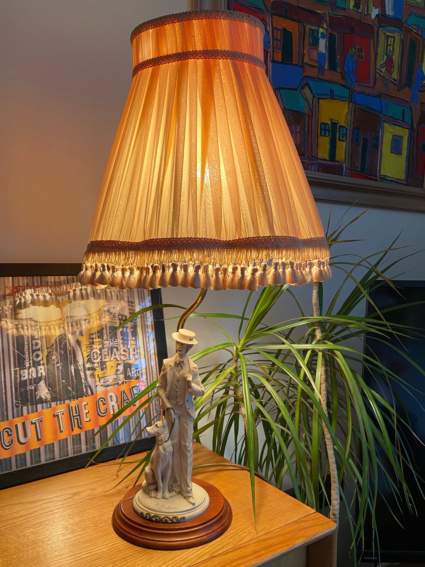 A. Belcari Capodimonte vintage lamp (Man with Dog) and shade, made in Italy - excellent vintage condition and working.