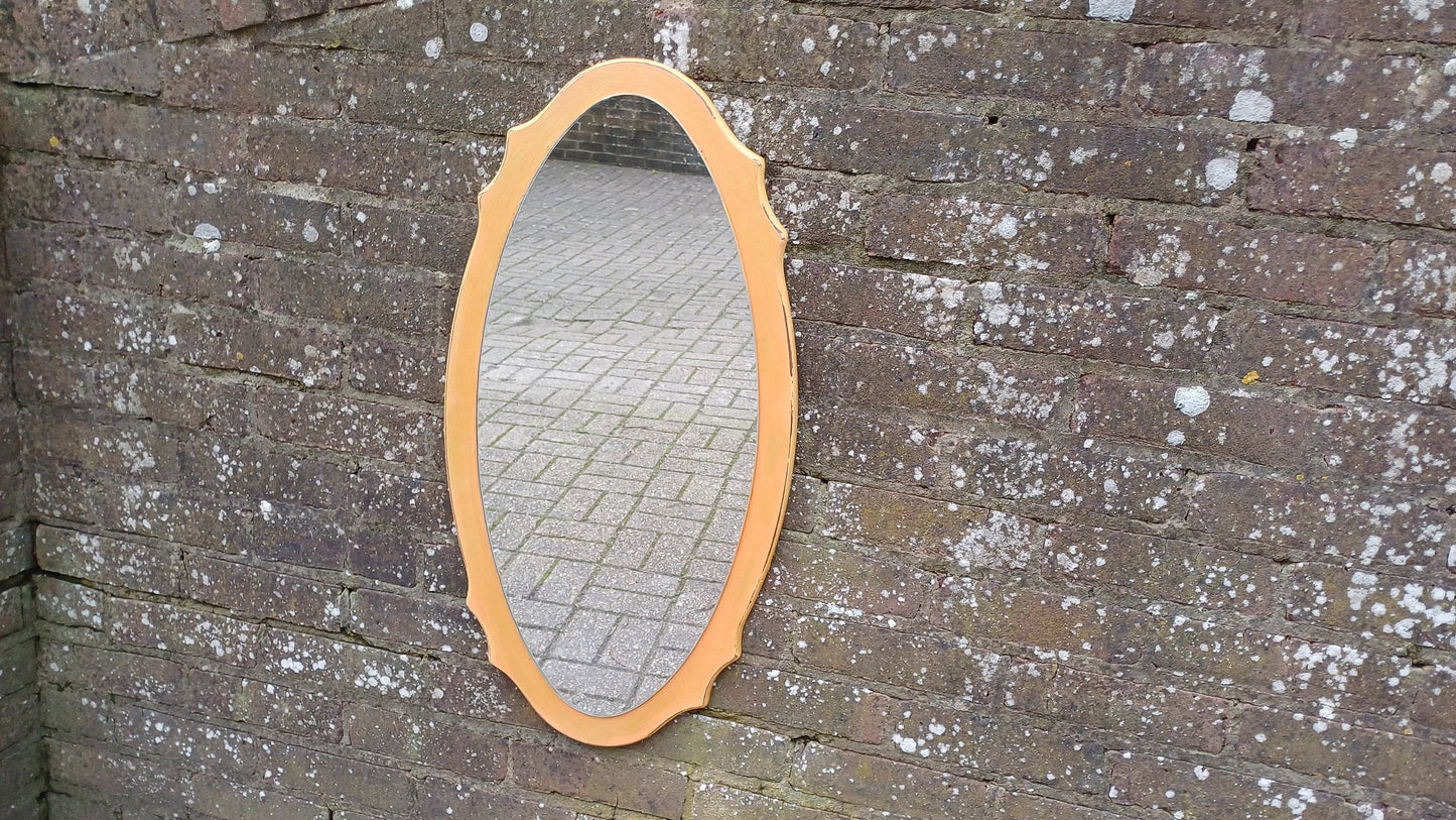 Unusual Bespoke Vintage Retro Oval Painted Orange and Gold Shaped Wall Mirror Hand Painted. Annie Sloan Barcelona Orange.