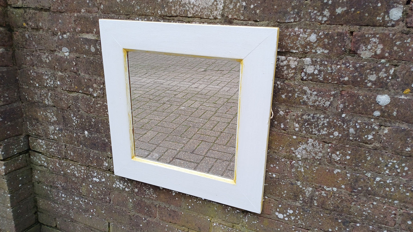 Bespoke Vintage Retro Square Painted White and Gold Wall Mirror Hand Painted. Farrow and Ball.