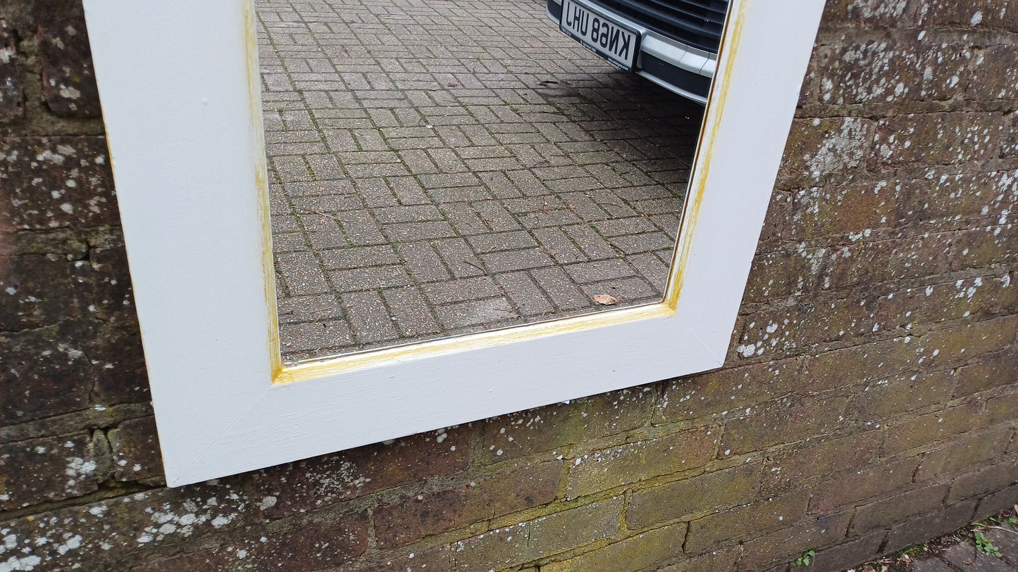 Bespoke Vintage Retro Square Painted White and Gold Wall Mirror Hand Painted. Farrow and Ball.