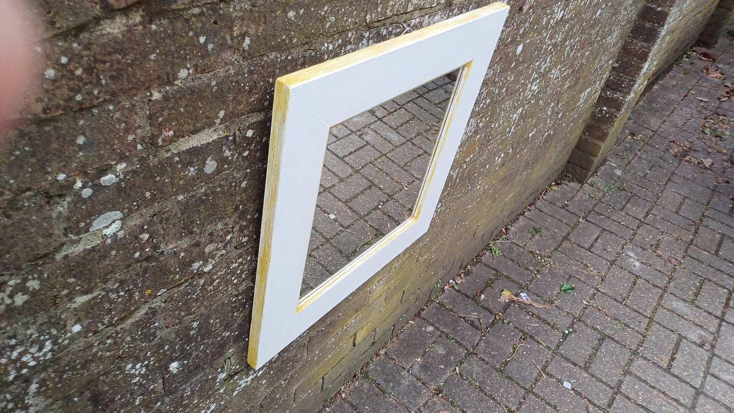 Bespoke Vintage Retro Square Painted White and Gold Wall Mirror Hand Painted. Farrow and Ball.