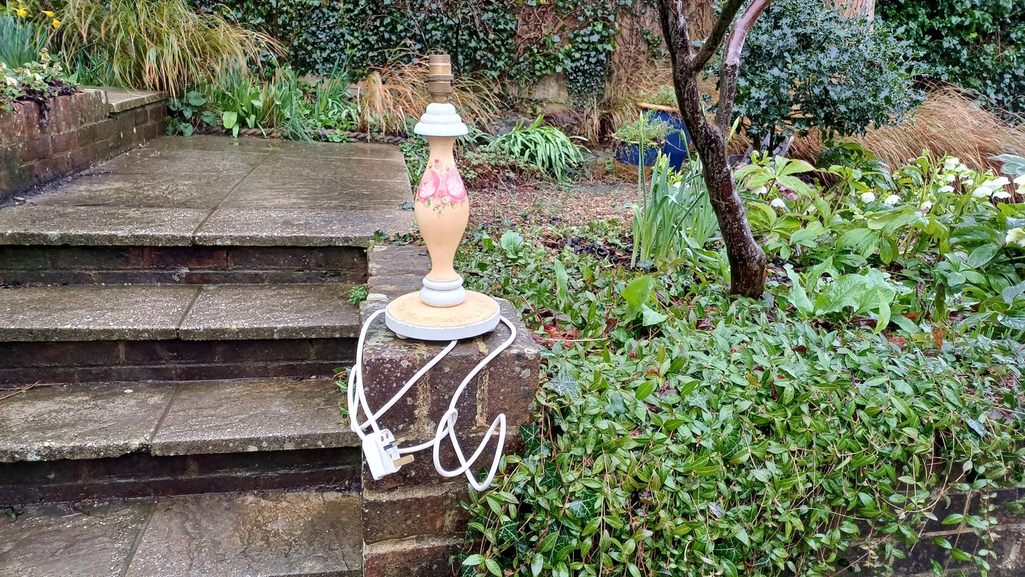 Vintage French Country Style Wooden painted table lamp - roses, pink, peach, grey - shabby chic lamp, working lamp