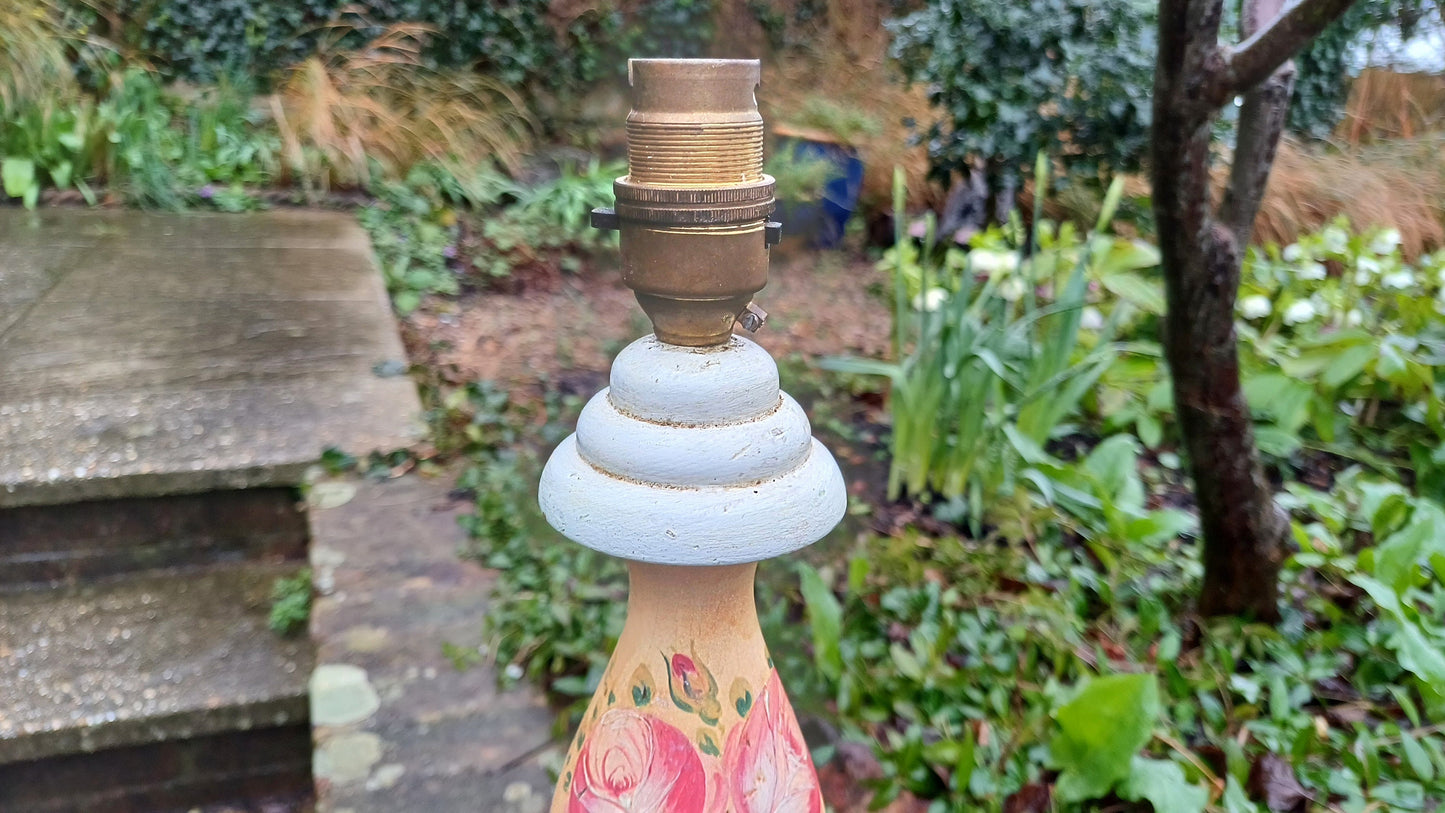 Vintage French Country Style Wooden painted table lamp - roses, pink, peach, grey - shabby chic lamp, working lamp