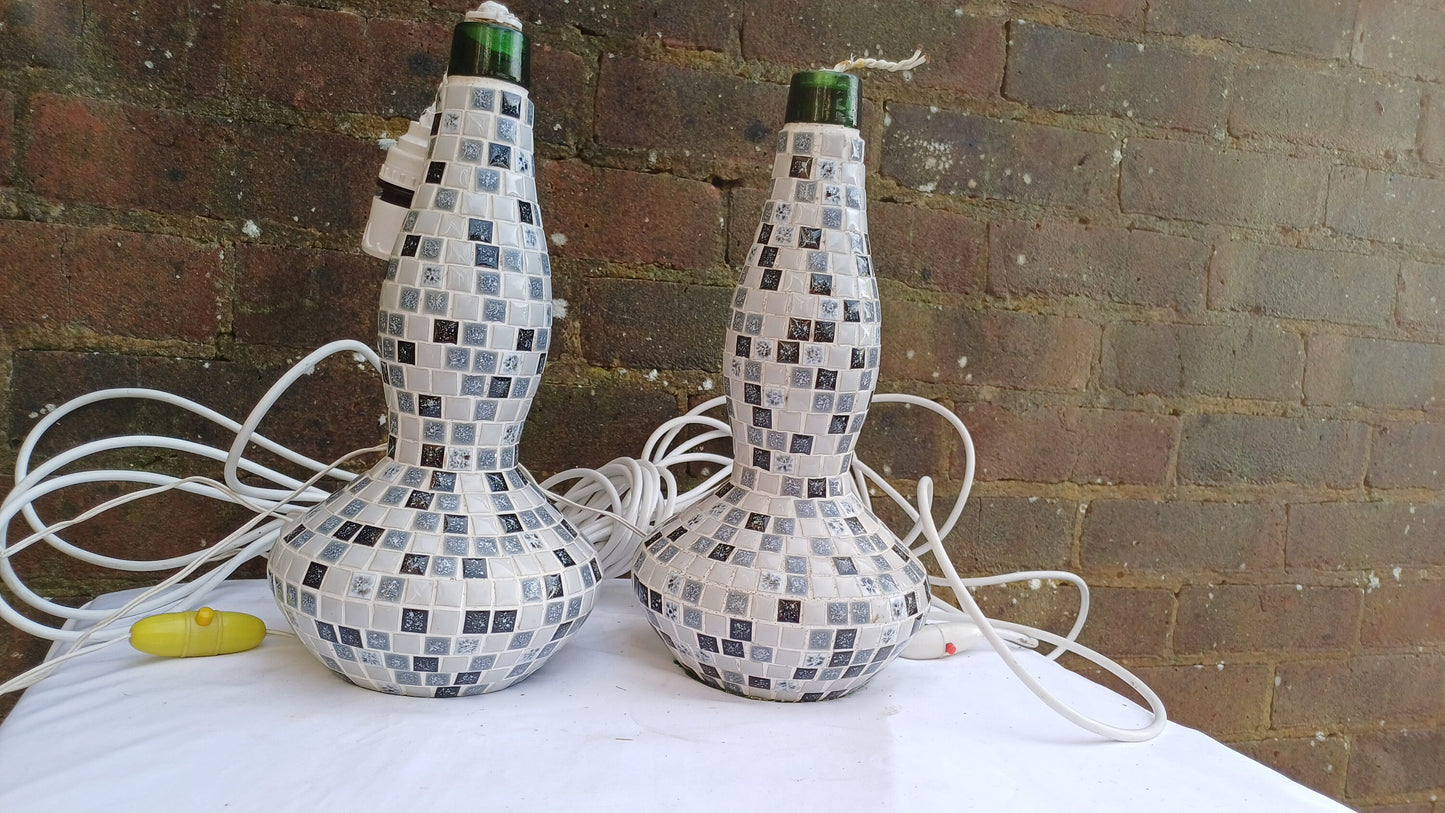 Superb Pair of Mosaic on Glass Bottle Handmade Bedside Lamps. Great condition. Lots of flex but need rewiring. Black White Grey..