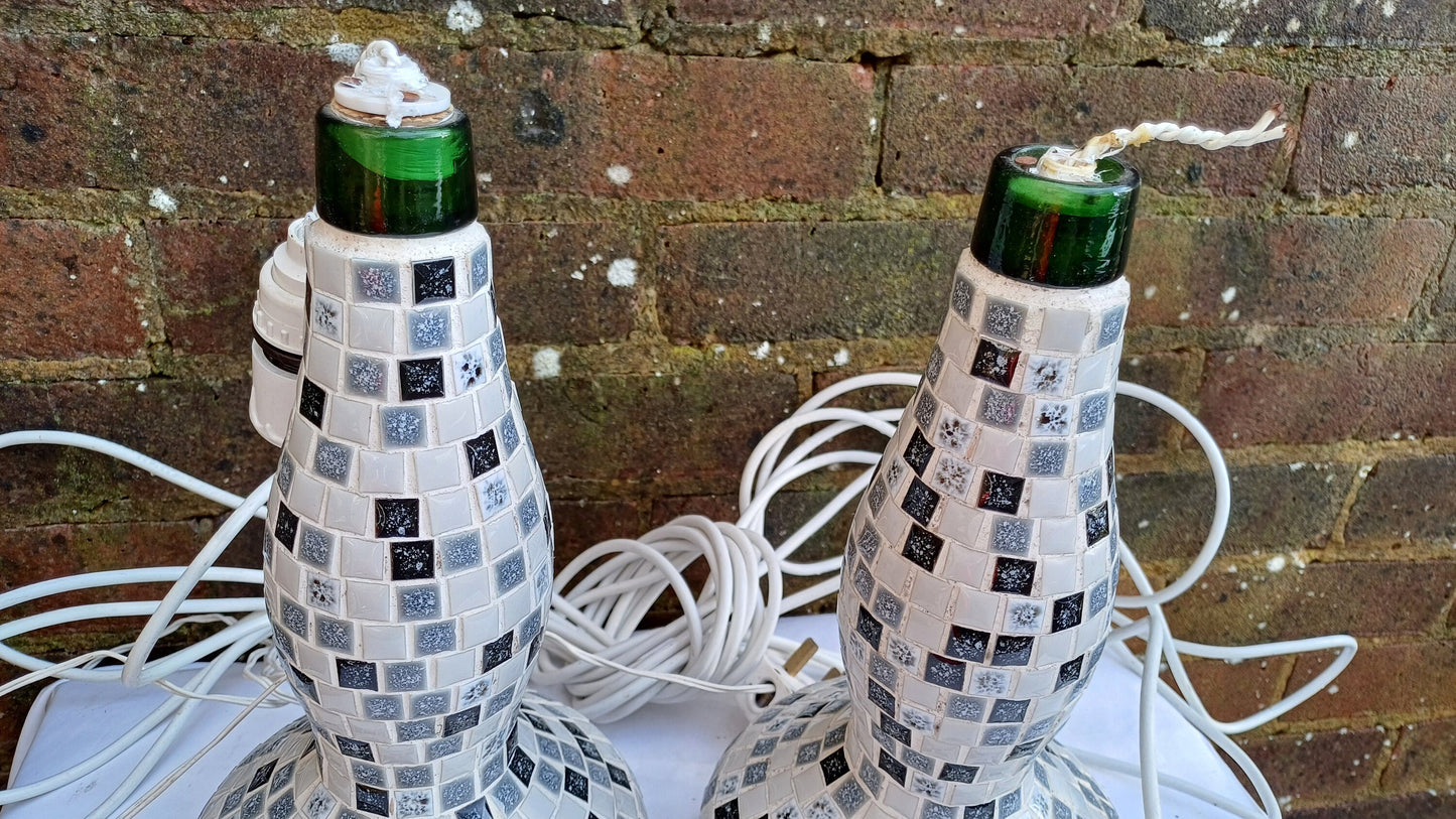Superb Pair of Mosaic on Glass Bottle Handmade Bedside Lamps. Great condition. Lots of flex but need rewiring. Black White Grey..