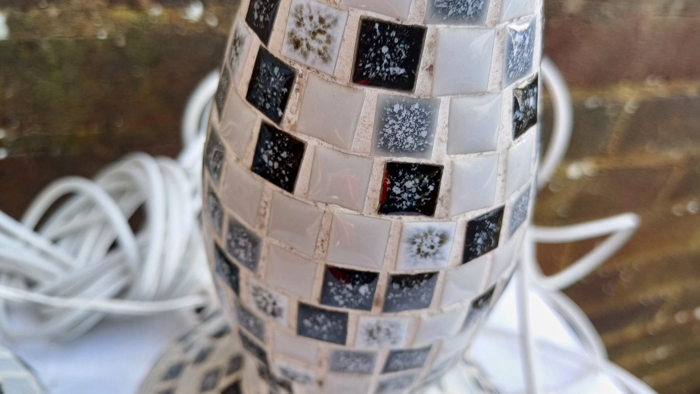 Superb Pair of Mosaic on Glass Bottle Handmade Bedside Lamps. Great condition. Lots of flex but need rewiring. Black White Grey..