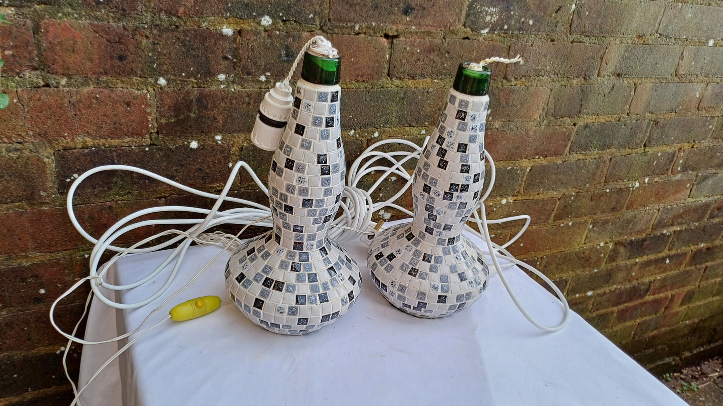 Superb Pair of Mosaic on Glass Bottle Handmade Bedside Lamps. Great condition. Lots of flex but need rewiring. Black White Grey..
