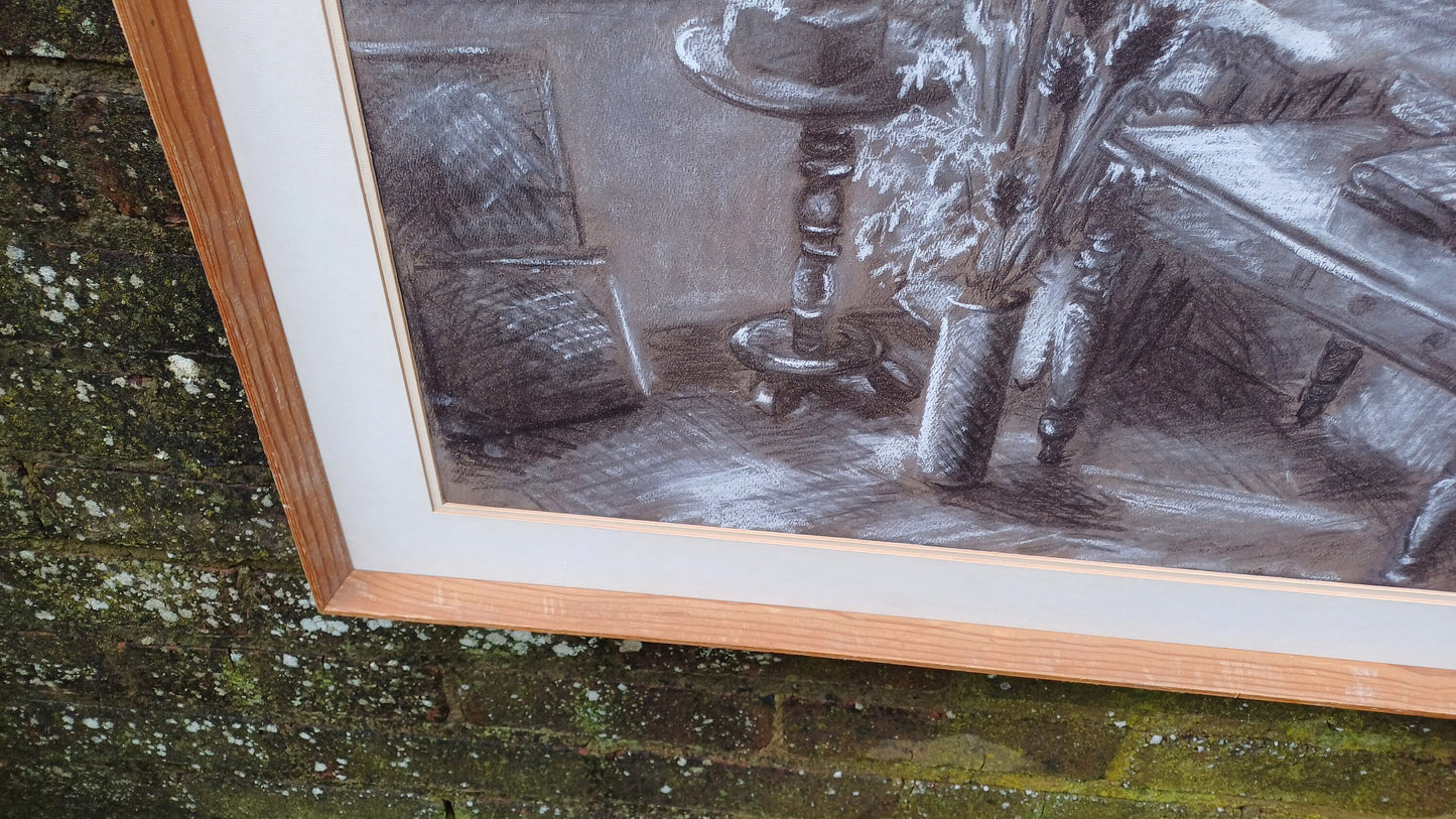 Large vintage black and white pastel still life by Kay Parsons 1987, Studio Corner