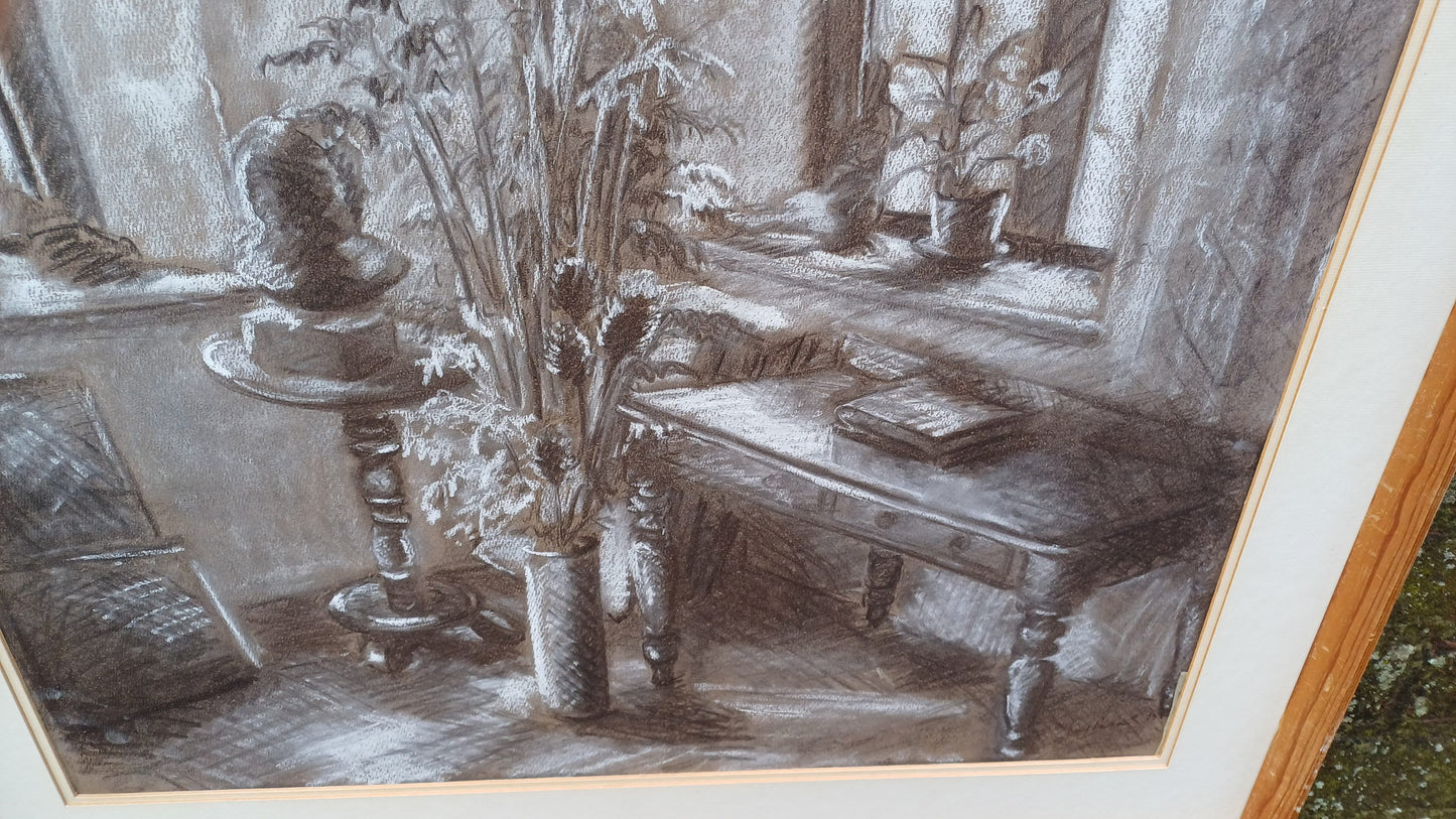 Large vintage black and white pastel still life by Kay Parsons 1987, Studio Corner