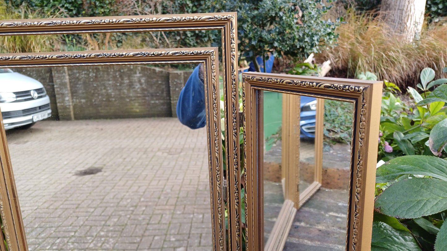 Vintage 70s Gold Gilt Triple Dressing Table Mirror Adjustable