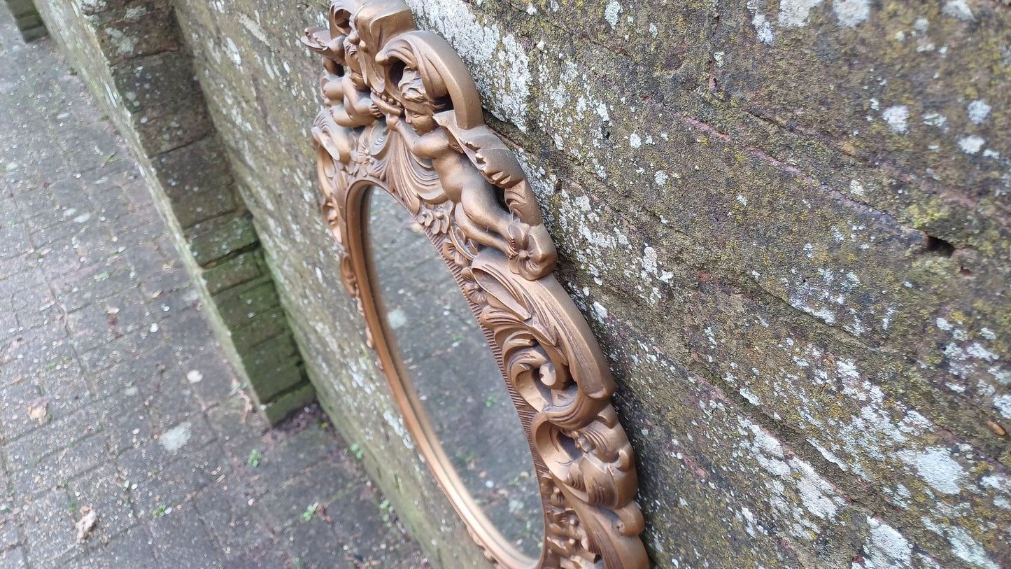 Stunning Gold 70s Vintage Ornate Gold Decorative Wall Mirror Cherub and Floral Decoration