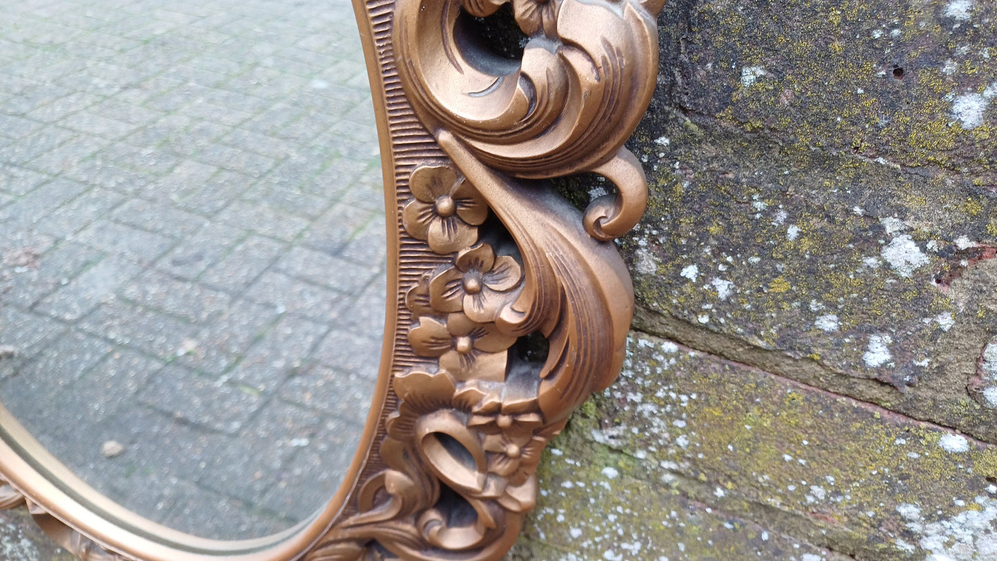 Stunning Gold 70s Vintage Ornate Gold Decorative Wall Mirror Cherub and Floral Decoration