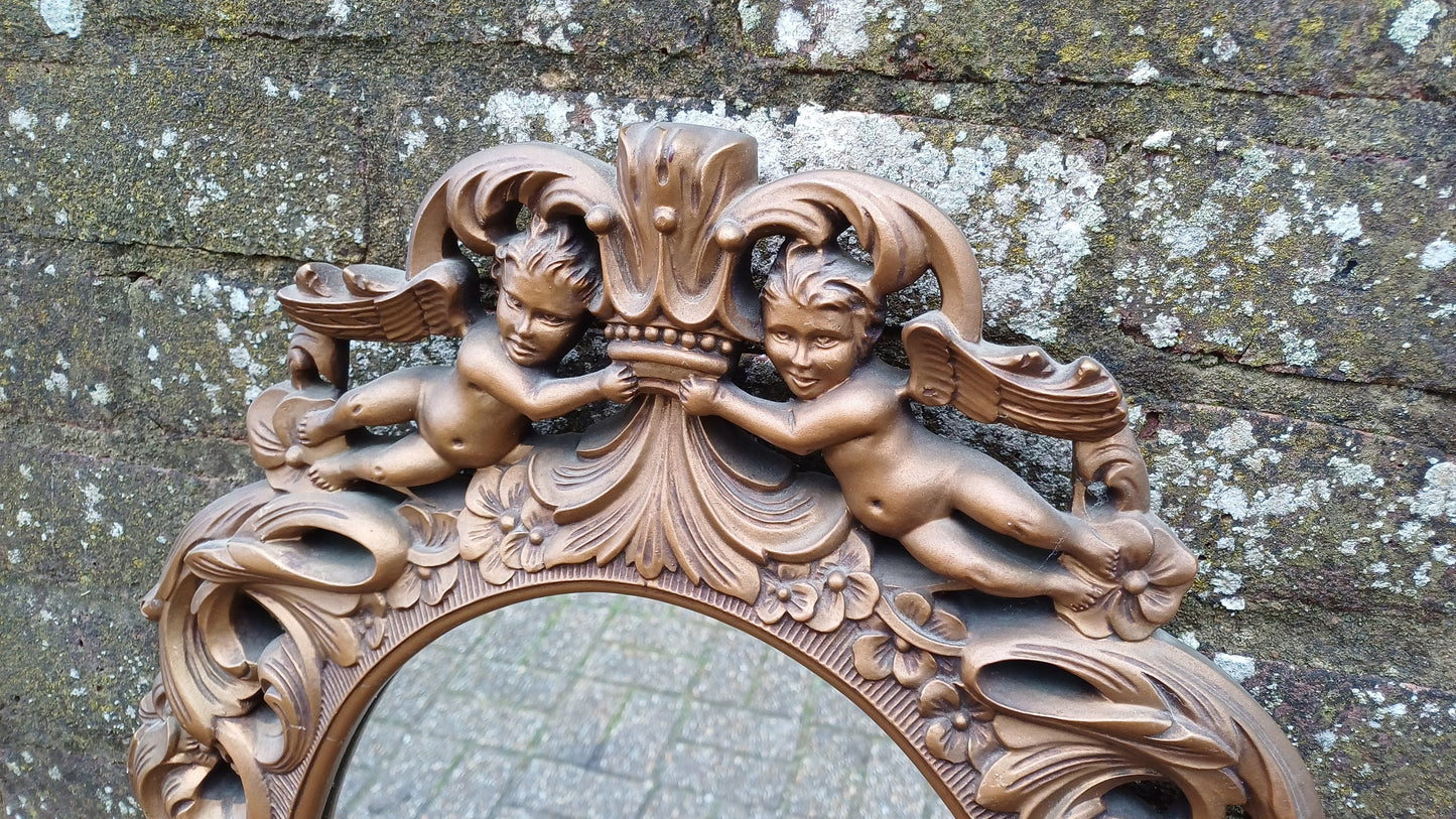 Stunning Gold 70s Vintage Ornate Gold Decorative Wall Mirror Cherub and Floral Decoration