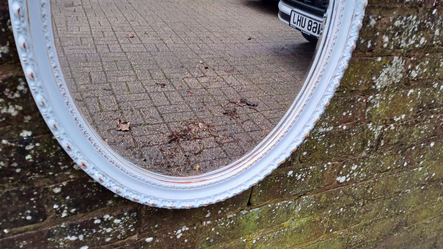 Large Stunning Unique Vintage Painted Oval Mirror in Farrow and Ball Borrowed Light Blue.