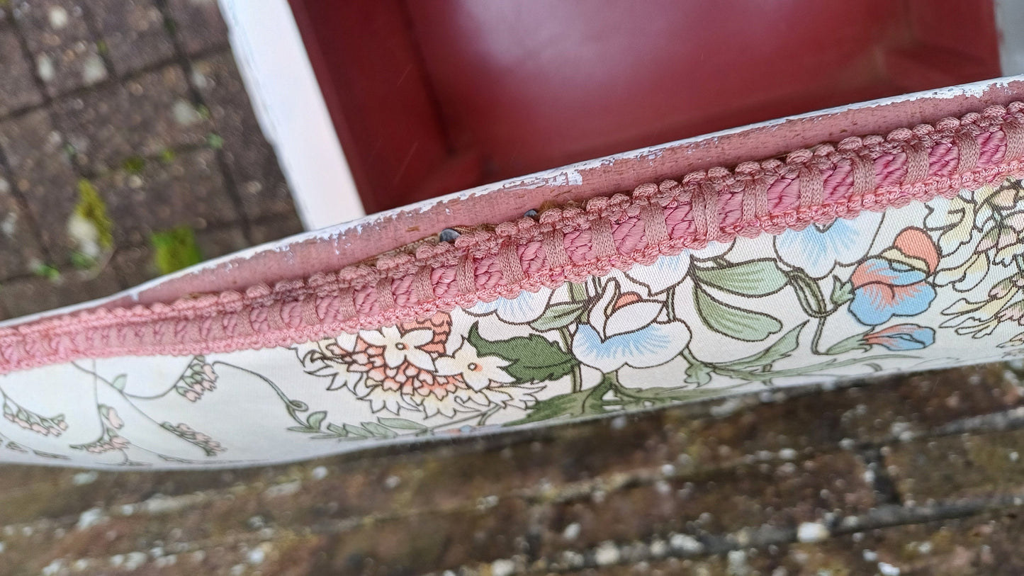 Vintage White Lloyd Loom Style Linen Basket Upholstered Stool Bun Feet. Floral Fabric.