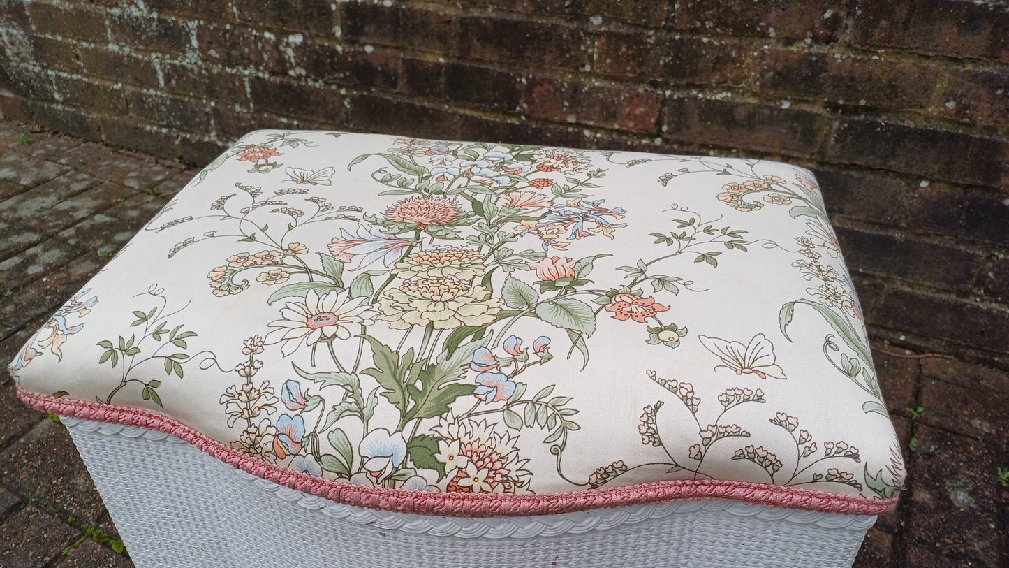 Vintage White Lloyd Loom Style Linen Basket Upholstered Stool Bun Feet. Floral Fabric.