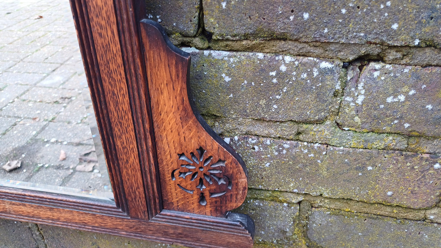 Superb Vintage Solid Oak Victorian Over Mantel or Wall Mirror. Bevelled Glass.