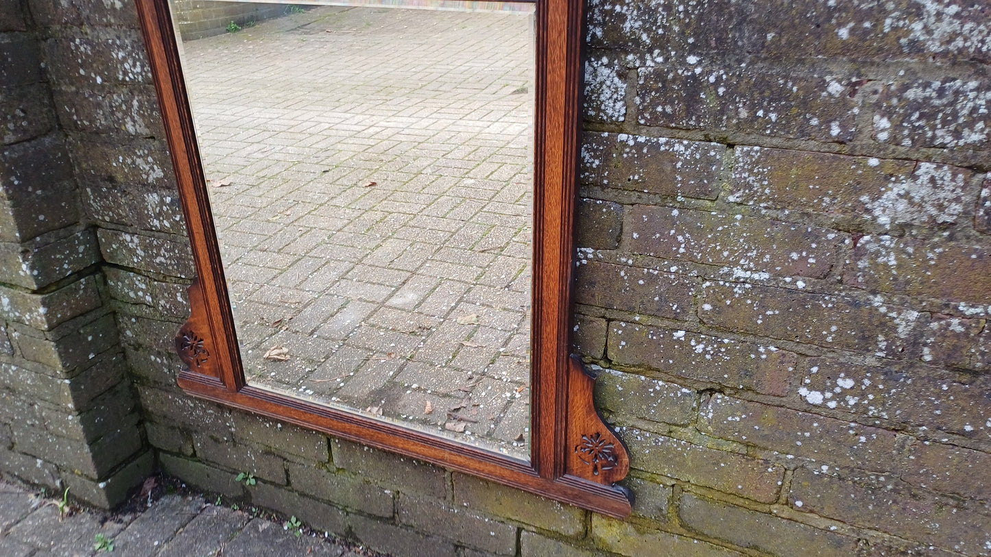 Superb Vintage Solid Oak Victorian Over Mantel or Wall Mirror. Bevelled Glass.