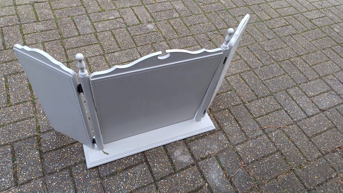 Vintage 80s Hand Painted Grey Triple Dressing Table Mirror Adjustable Swing.
