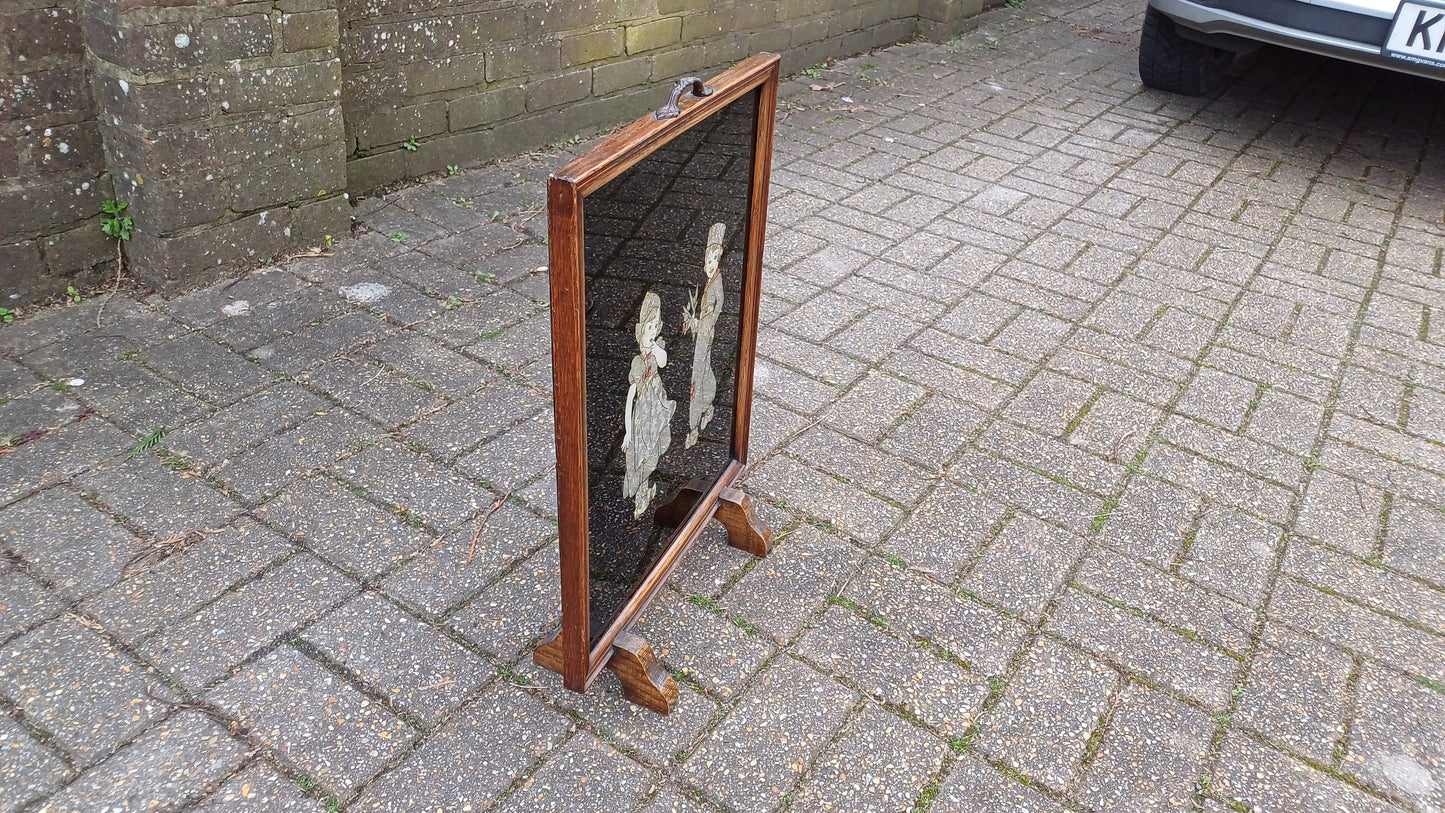 Dramatically Cute Vintage Oak Fire Screen Dutch Children in Clogs Collage Glazed Effect 1920’s