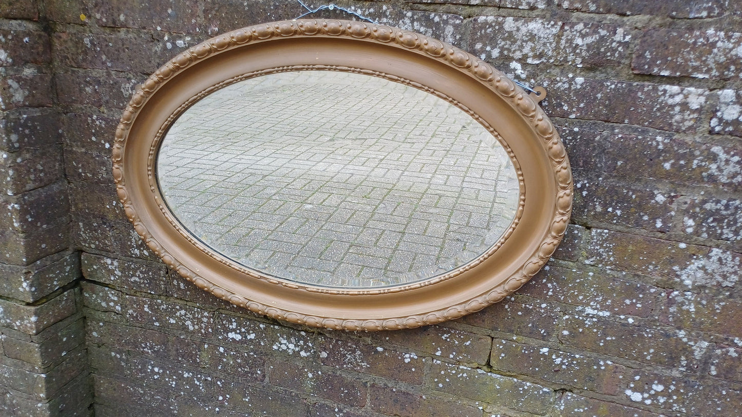 Large Vintage Painted Brown Gold Gilt Oval Decorative Wall Mirror.