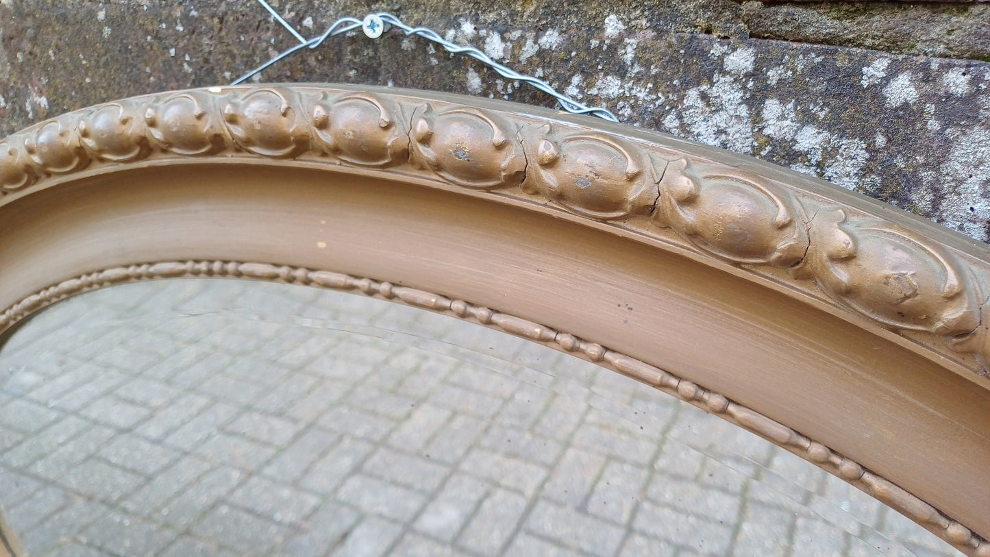 Large Vintage Painted Brown Gold Gilt Oval Decorative Wall Mirror.