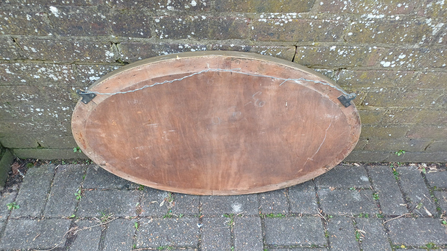 Large Vintage Painted Brown Gold Gilt Oval Decorative Wall Mirror.