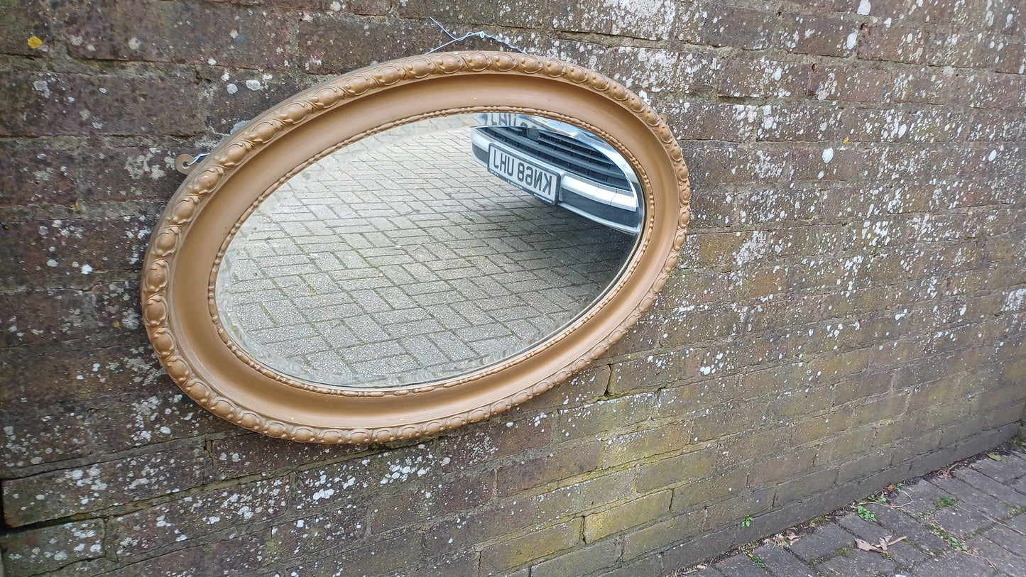 Large Vintage Painted Brown Gold Gilt Oval Decorative Wall Mirror.