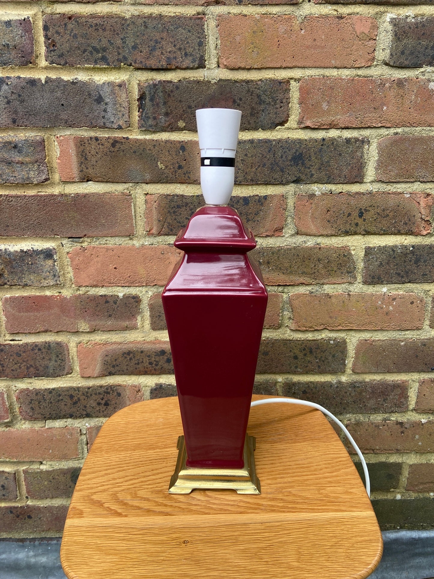 1980s maroon burgundy ceramic lamp with funky floral shade - Goodson Lighting - working