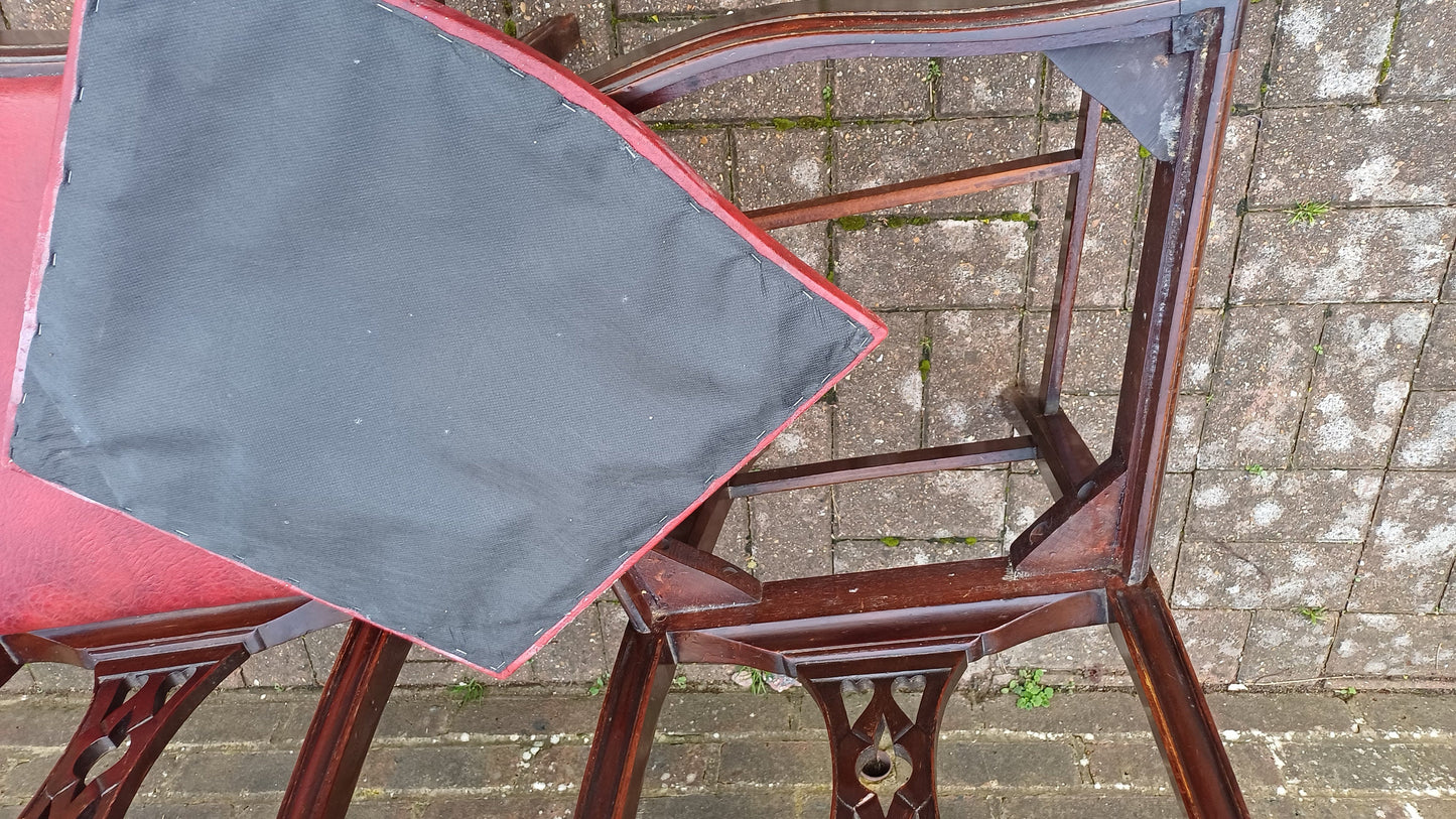 Pair of Vintage Late Victorian Carved Mahogany Chairs Red Leatherette Seats.
